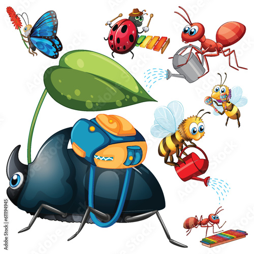 Set of various insects cartoon characters