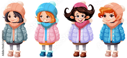 Set of cute young girl in winter cloth