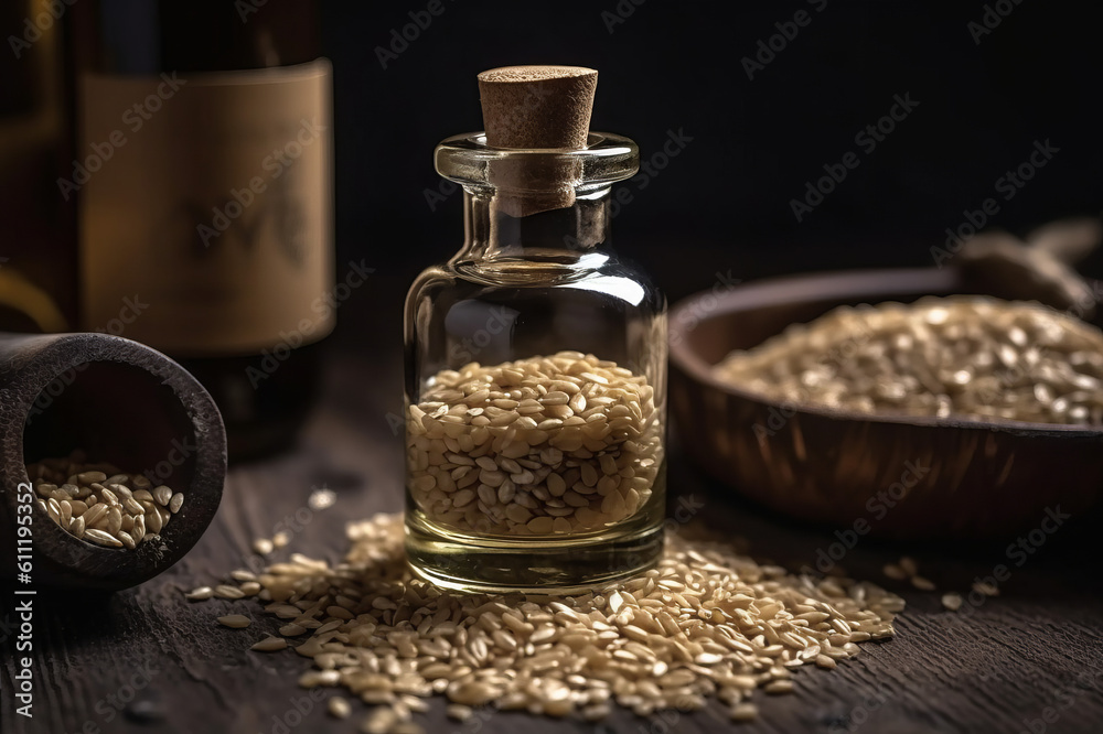 Sesame seeds essential oil and on the wooden table. Created with generative AI tools Sesame seeds essential oil and on the wooden table. Created with generative AI tools