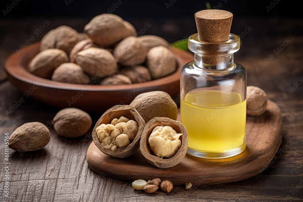 Shea butter extract essential oil and fresh nuts on the wooden table. Created with generative AI tools