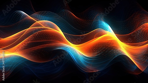 0961. Neon Blue and Orange Digital Waves Background. Generative AI