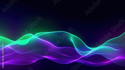 0969. Neon Green and Purple Digital Waves Background. Generative AI