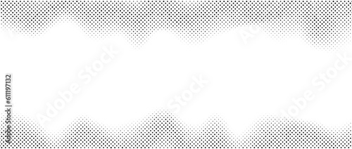 Halftone wavy gradient texture. Faded noise grain wallpaper. Black and white grunge grit surface. Pixelated speckles, dots and particles. Vector frame overlay backdrop