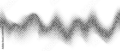 Halftone wave gradient texture. Faded noise grain wallpaper. Black and white grunge grit surface. Pixelated dotted sand background. Vector messy overlay backdrop