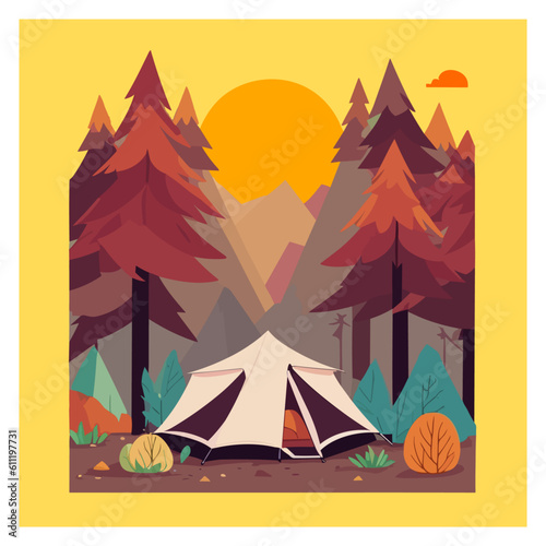 Camping in the forest  Art  Mountains  Forest  Tent  Campfire  Nature Scene  Outdoor Decor  T-Shirt design