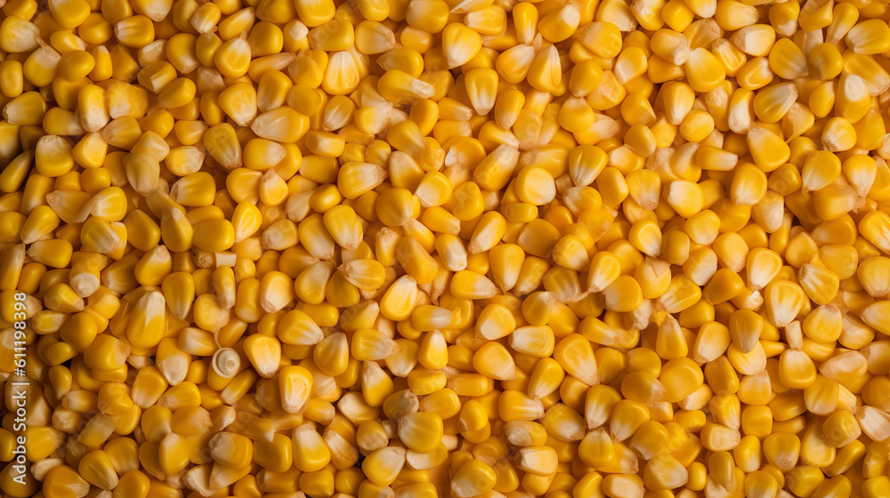Close up organic corn seed on background. Corn seed or maize. Smash corn on corn grains, whole background. Corn top down view seamless background. Realistic 3D illustration. Generative AI Close up organic corn seed on background. Corn seed or maize. Smash corn on corn grains, whole background. Corn top down view seamless background. Realistic 3D illustration. Generative AI