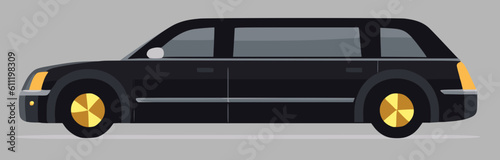 a hearse limousine; black on grey, gold wheels 