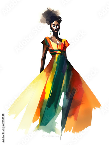 African Woman in a Colorful Gown Watercolor Fashion Art. Generative AI