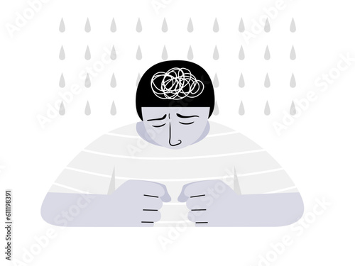 Isolated of a sad child boy with stress sign, flat vector illustration.