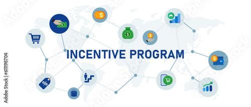 Incentive program for employee career or customer reward global concept of business interconnected icon set illustration