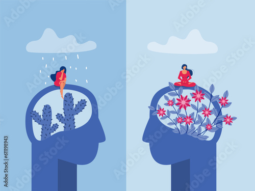 Portraits of women with different flowers and cacti like brains on head. psychological help, mental health care, depression, psychology, therapy Concept:vector illustrator