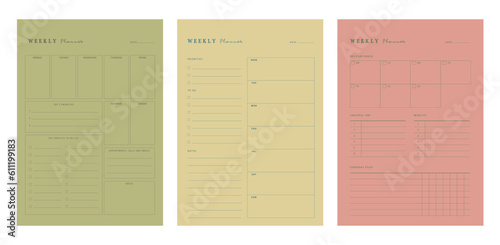 (Nature) Weekly Planner. Minimalist planner template set. Vector illustration.	 