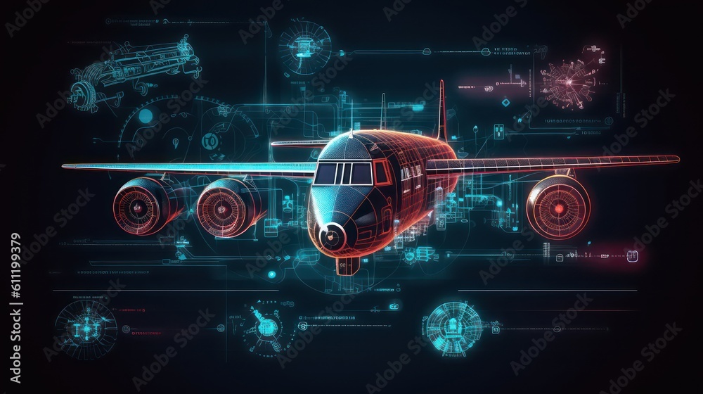 AI generated 3d image of the airplane hologram with a HUD elements interface background.