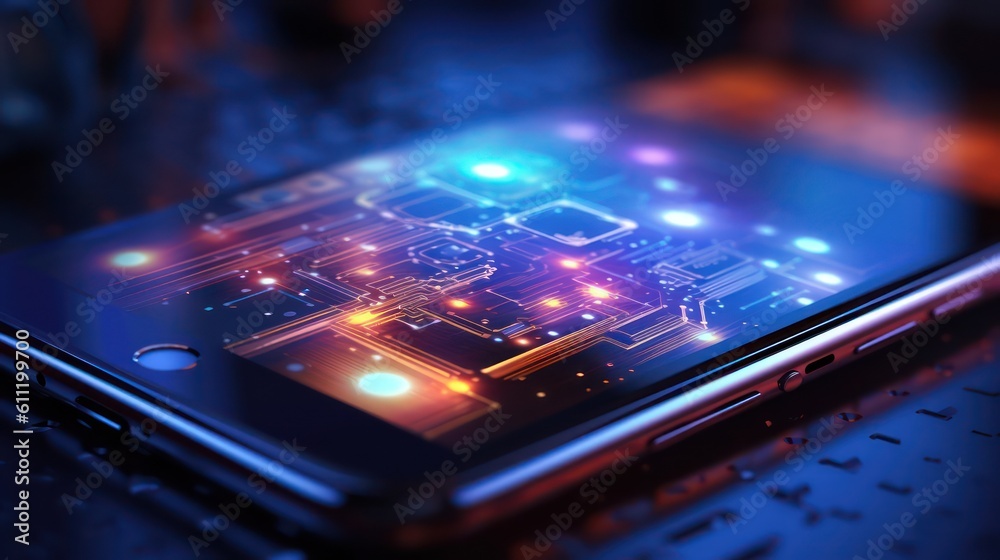 A smartphone screen in digital global network hologram technology concept. AI generated illustration
A smartphone screen in digital global network hologram technology concept. AI generated illustration