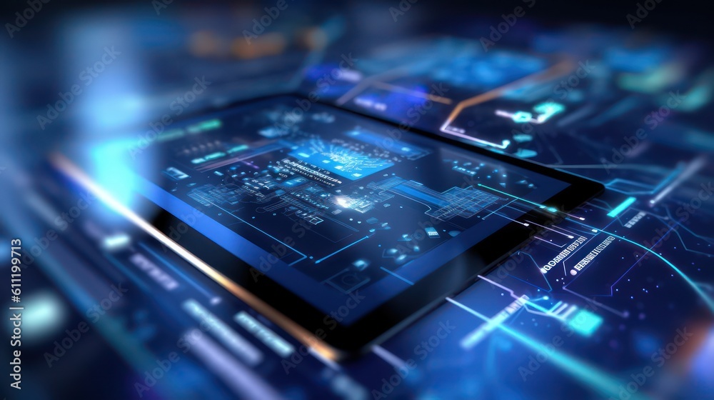 Electronic circuit board close-up with processor. Technology background. AI generated 3d image Electronic circuit board close-up with processor. Technology background. AI generated 3d image
