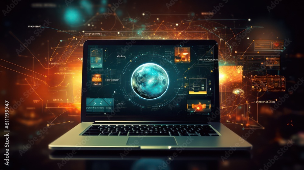 A laptop monitor screen in digital global network hologram technology concept. AI generated illustration
A laptop monitor screen in digital global network hologram technology concept. AI generated illustration