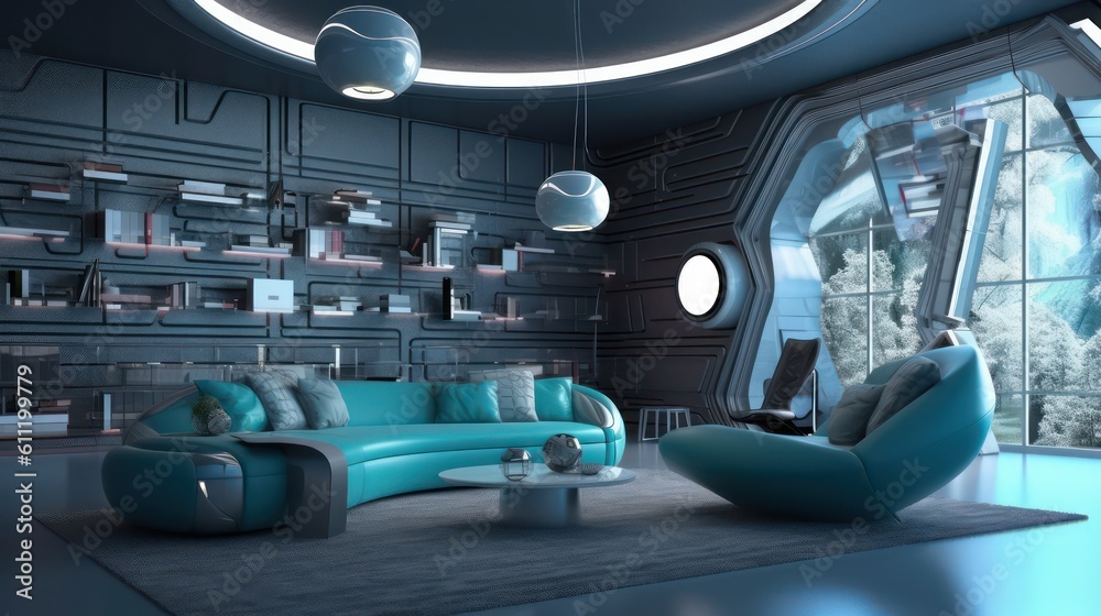 AI generated picture of a modern living room interior with a comfortable furniture and media icons and a neon light background. AI generated picture of a modern living room interior with a comfortable furniture and media icons and a neon light background.