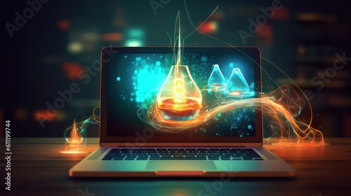 A laptop monitor screen in digital global network hologram technology concept. AI generated illustration 