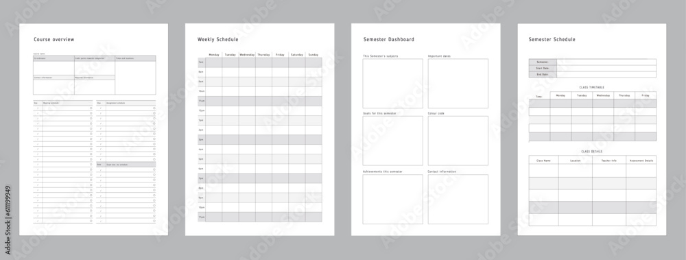 Set of 4 Semester Planner, weekly planner. Minimalist planner template set. Vector illustration.