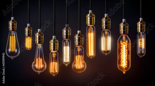 Set of vintage glowing light bulbs, loft interior  photo