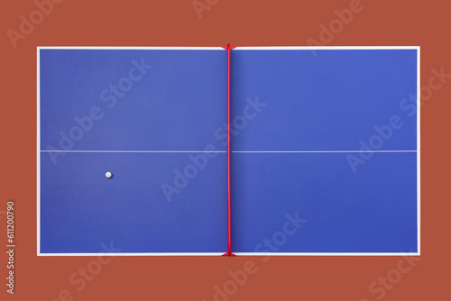 table tennis or ping pong table with racket and ball top view.