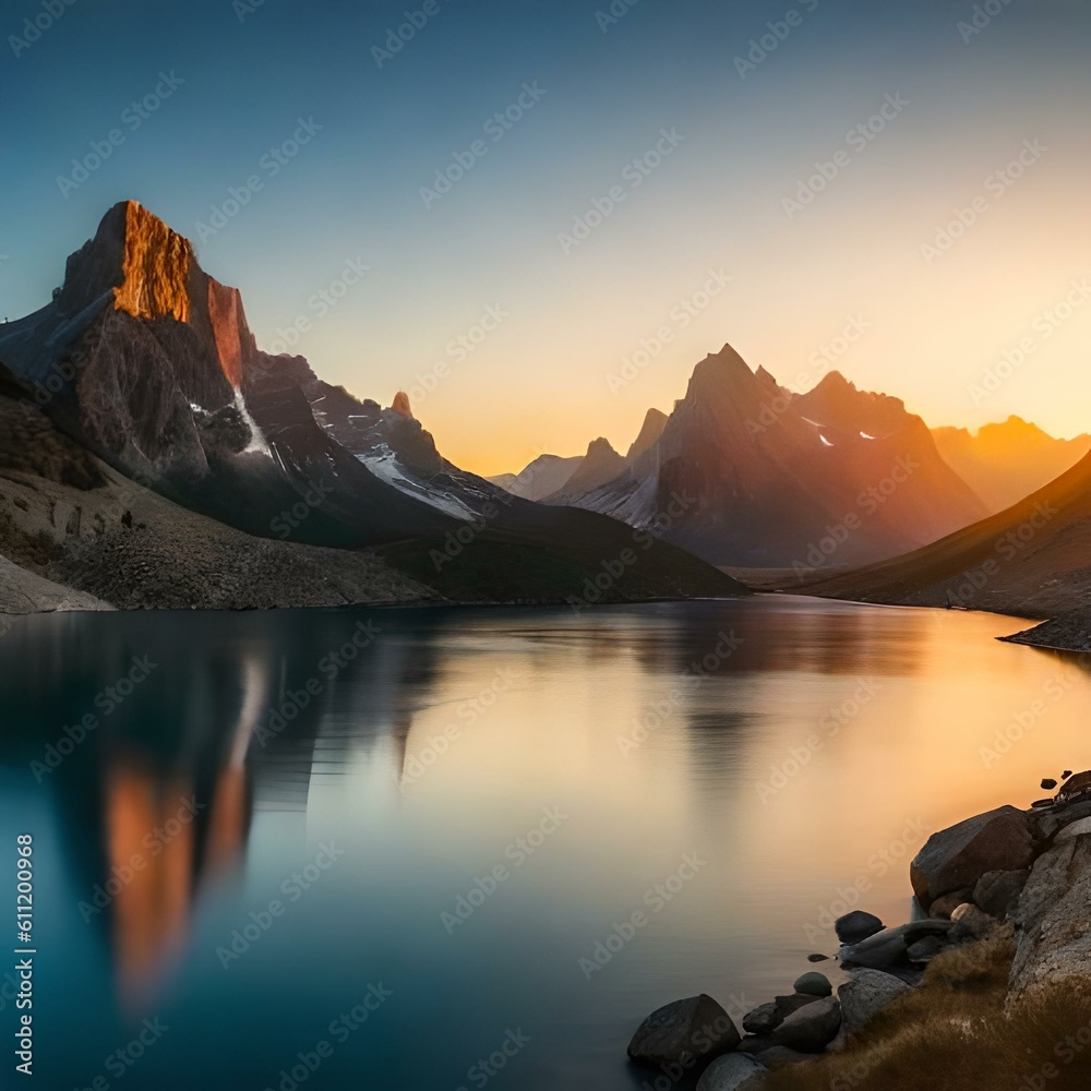 sunsets over mountains and beautiful lakes. generative ai