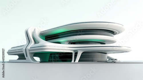 3D futuristic sci-fi white green city architecture with organic skyscrapers, for science fiction or fantasy backgrounds, Abstract building, Generative AI illustration