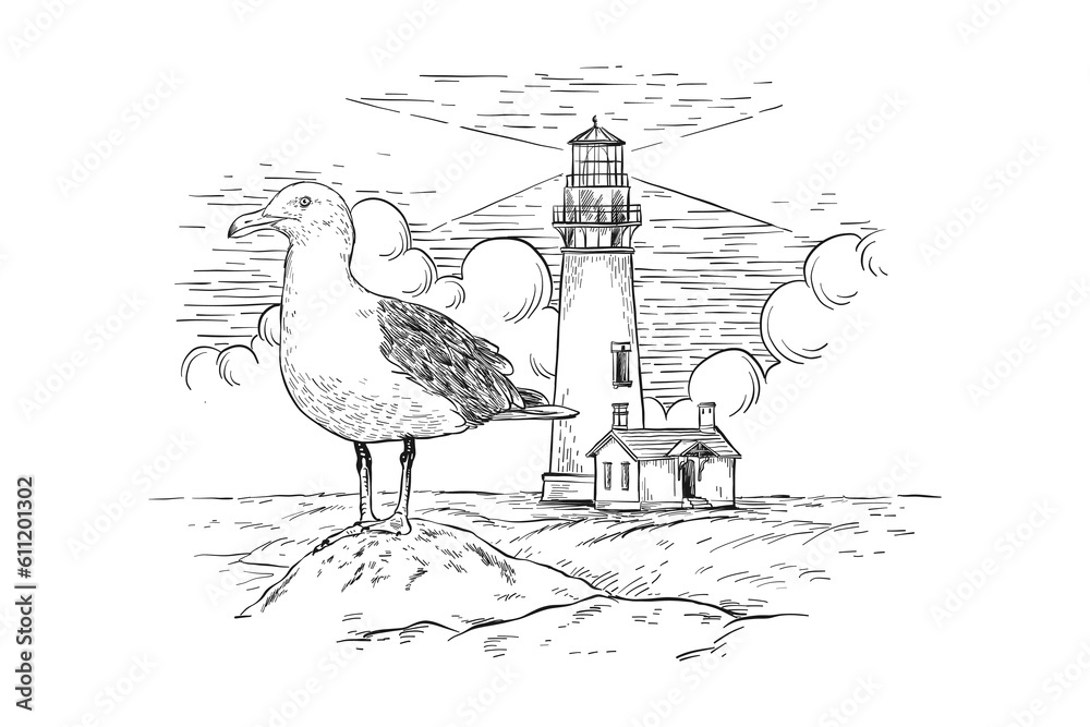 Lighthouse and seagull sketch vector illustration with artistic strokes ...