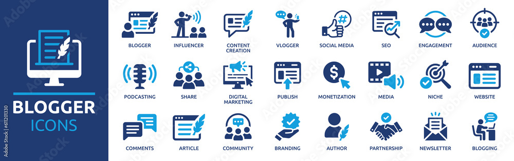 Blogger icon collection. Containing influencer, content, creation, vlogger, social media, digital marketing and community icons. Solid icon set. Vector illustration.