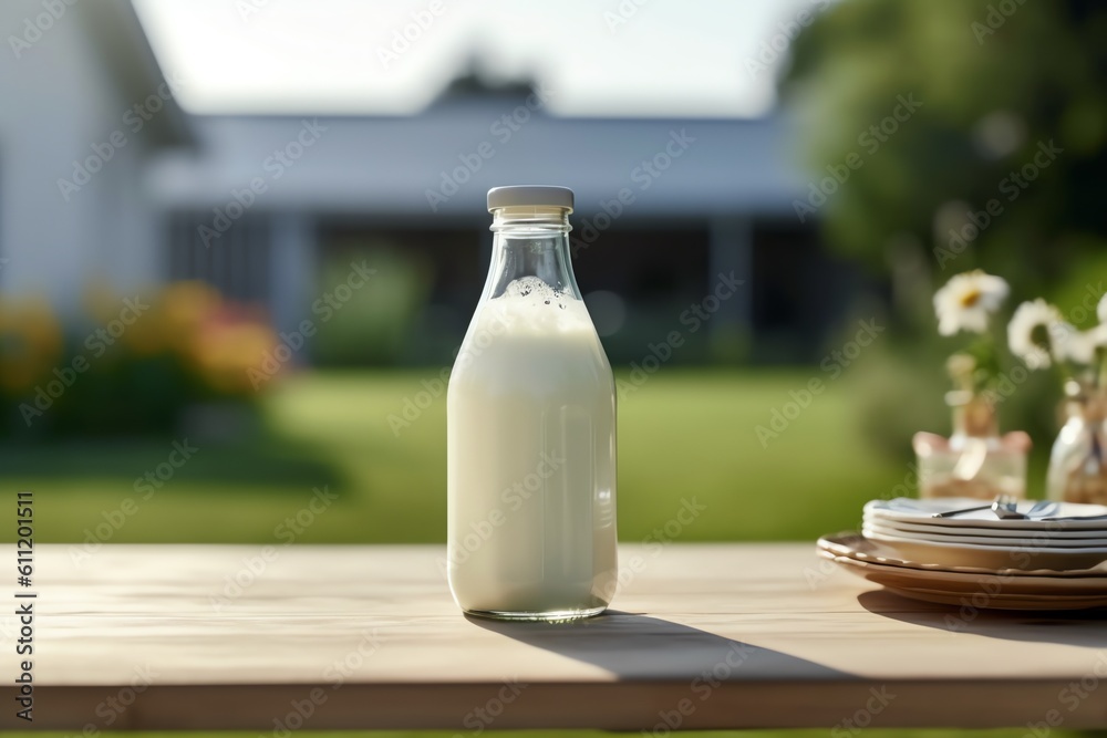 A bottle of fresh farm milk on a breakfast table. generative AI A bottle of fresh farm milk on a breakfast table. generative AI