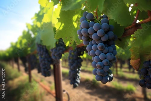 A cluster of grapes on the vine with vineyard rows. generative AI