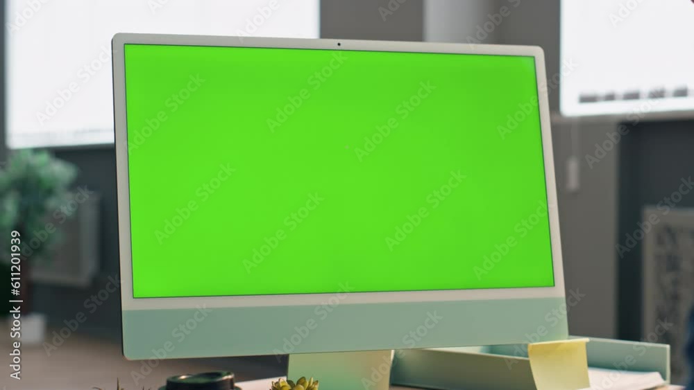 Zoom out mockup monitor in office. Close up employee talking chroma key device Zoom out mockup monitor in office. Close up employee talking chroma key device