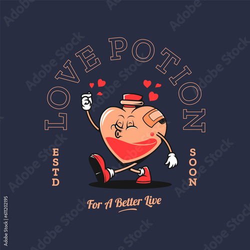 Retro love potion bottle cartoon character. Vintage mascot vector illustration.