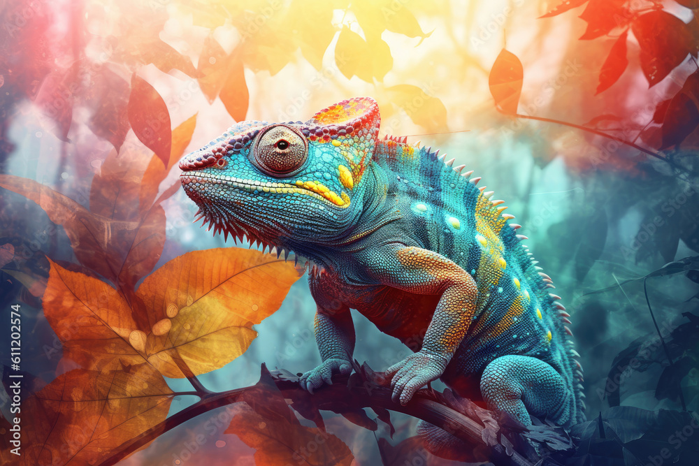 Fototapeta premium Chameleon and abstract jungle background, double exposure, Generative AI