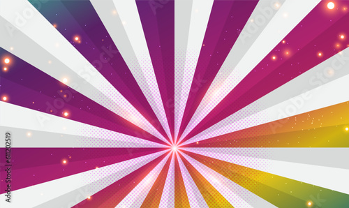 Abstract background with striped radial pattern with sun rays. Colorful sunburst background with rays and glowing light effect. Radial. Magic, festival. Comics, Modern pop art style. Vector EPS10.