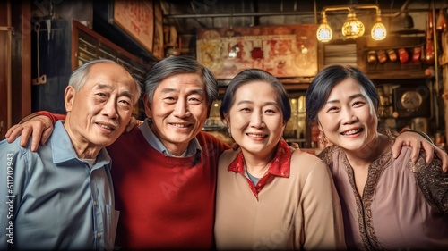 portrait group Asian Chinese senior friends having fun in the city, generative AI