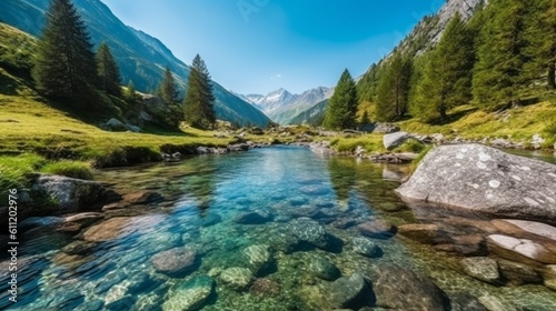 Mountain river with clear water in the Alps. Beautiful summer landscape