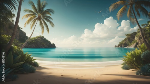 summer beach background illustration. copy space.  generative Ai  © gusion
