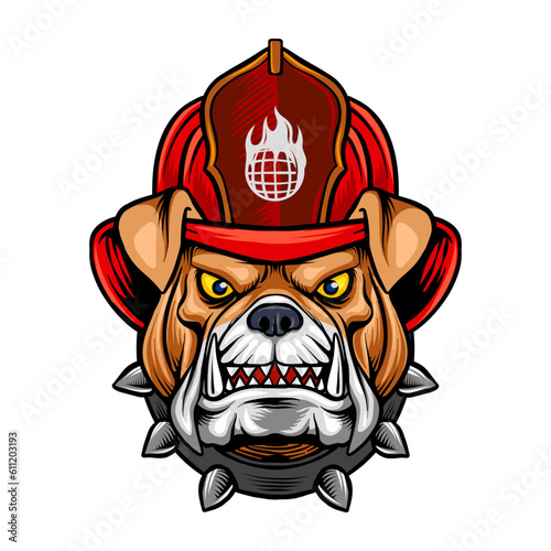 Vector illustration of a bulldog head wearing a heroic firefighter hat