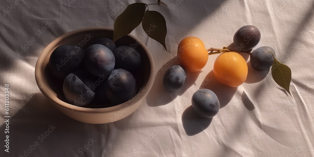 Plums and peaches still life. Close up of citrus fruits on a white linen fabric with overlay shadow effect.Nature organic food concept. Summertime background. Generative Ai Plums and peaches still life. Close up of citrus fruits on a white linen fabric with overlay shadow effect.Nature organic food concept. Summertime background. Generative Ai