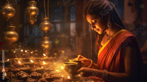 Indian girl lighting lamps for Diwali festival, 3d illustration, Generative Ai © Deep Ai Generation