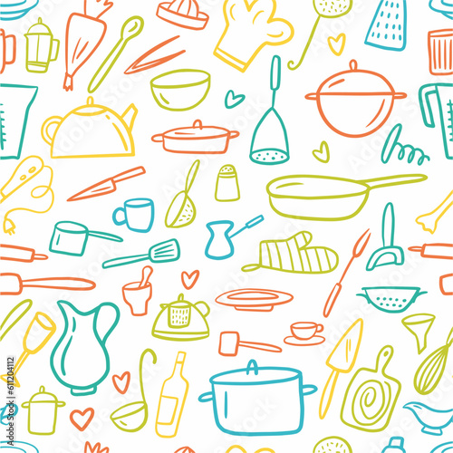 A pattern from a collection of kitchen utensils  hand-drawn in the style of a doodle
