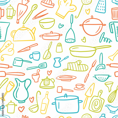 A pattern from a collection of kitchen utensils, hand-drawn in the style of a doodle