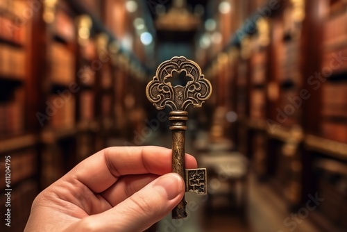 A hand holding an antique bronze key. generative AI