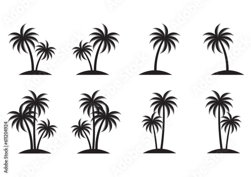 Coconut Tree or Palm Tree Silhouette. Vector Illustration Isolated on White Background.