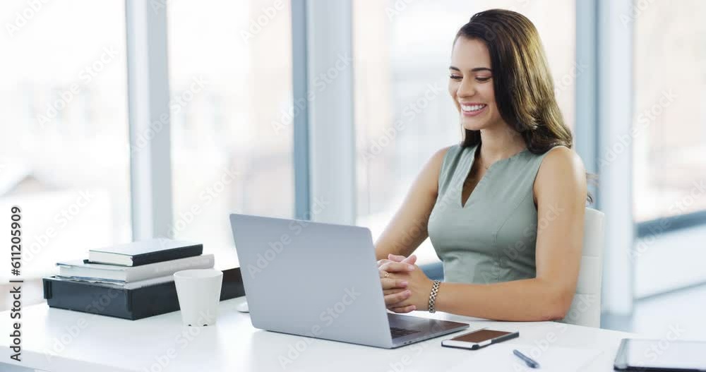 Office laptop, happiness and woman reading online notification, announcement and smile for success, sales or feedback. Satisfaction, portrait and female employee finished with project, report or work Office laptop, happiness and woman reading online notification, announcement and smile for success, sales or feedback. Satisfaction, portrait and female employee finished with project, report or work