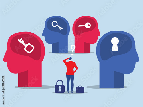 Human head with keyhole ,Businessman standing confuse to choose Key to your mind and understanding other people and to mental health Flat vector illustration.