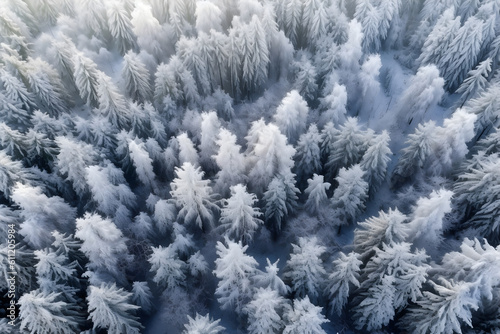 snow covered trees aerial shot, Generative AI