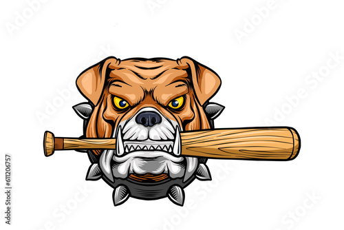 Vector illustration of a bulldog head biting a baseball bat very seriously,