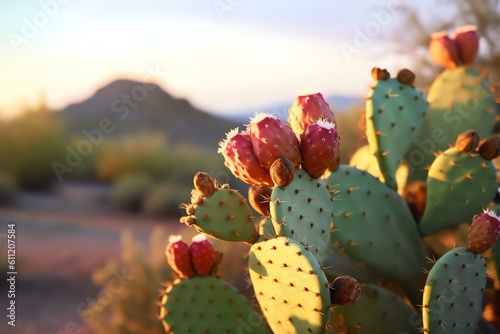 A prickly pear cactus bearing ripe fruit. generative AI photo